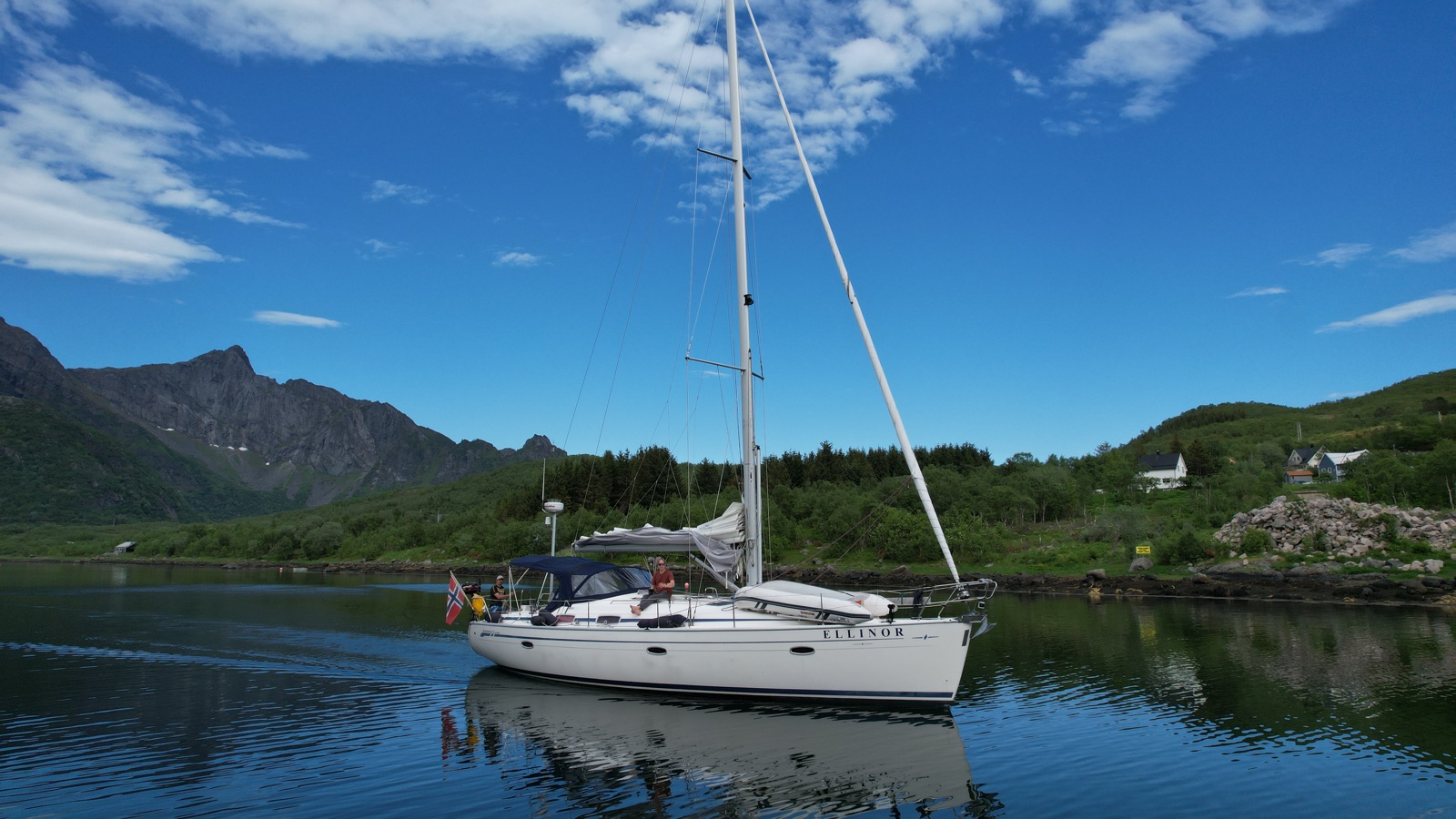 Aerial view of Ellinor sailing in Lofoten
